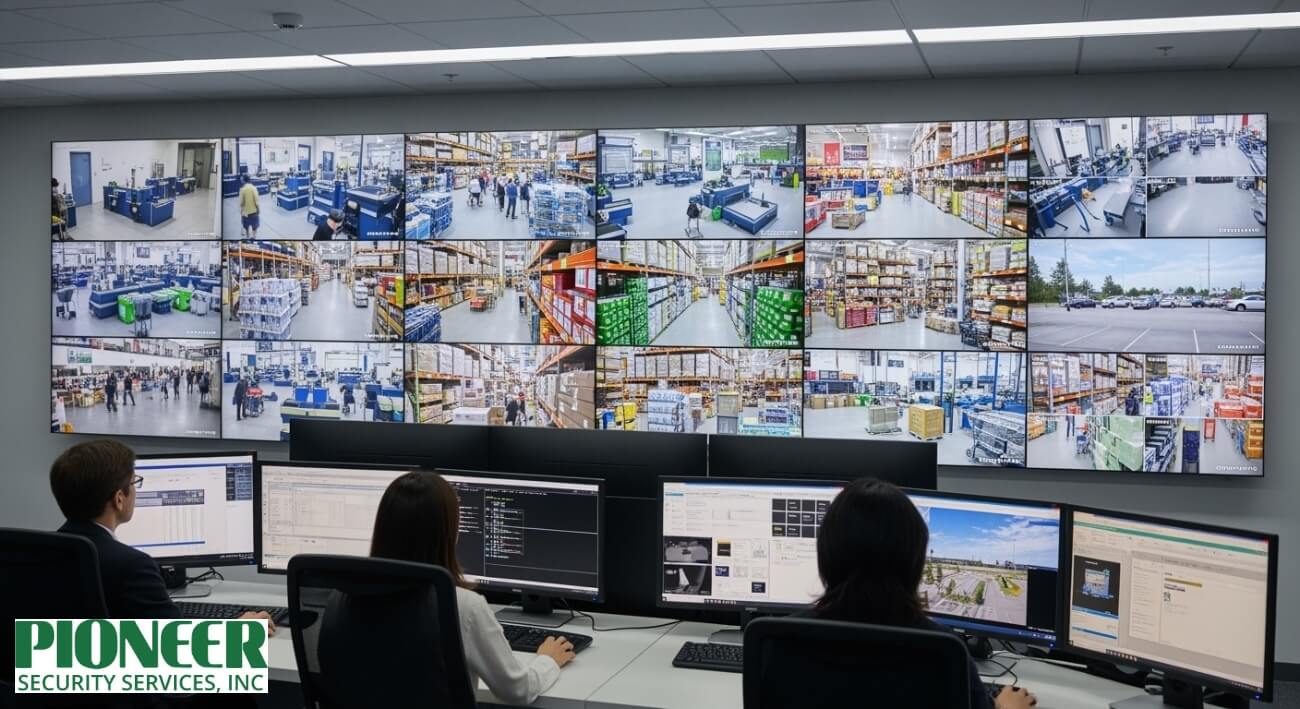 security-monitoring-services-control-room Security specialist monitoring surveillance video feeds on a large control room video wall for 24/7 remote services.